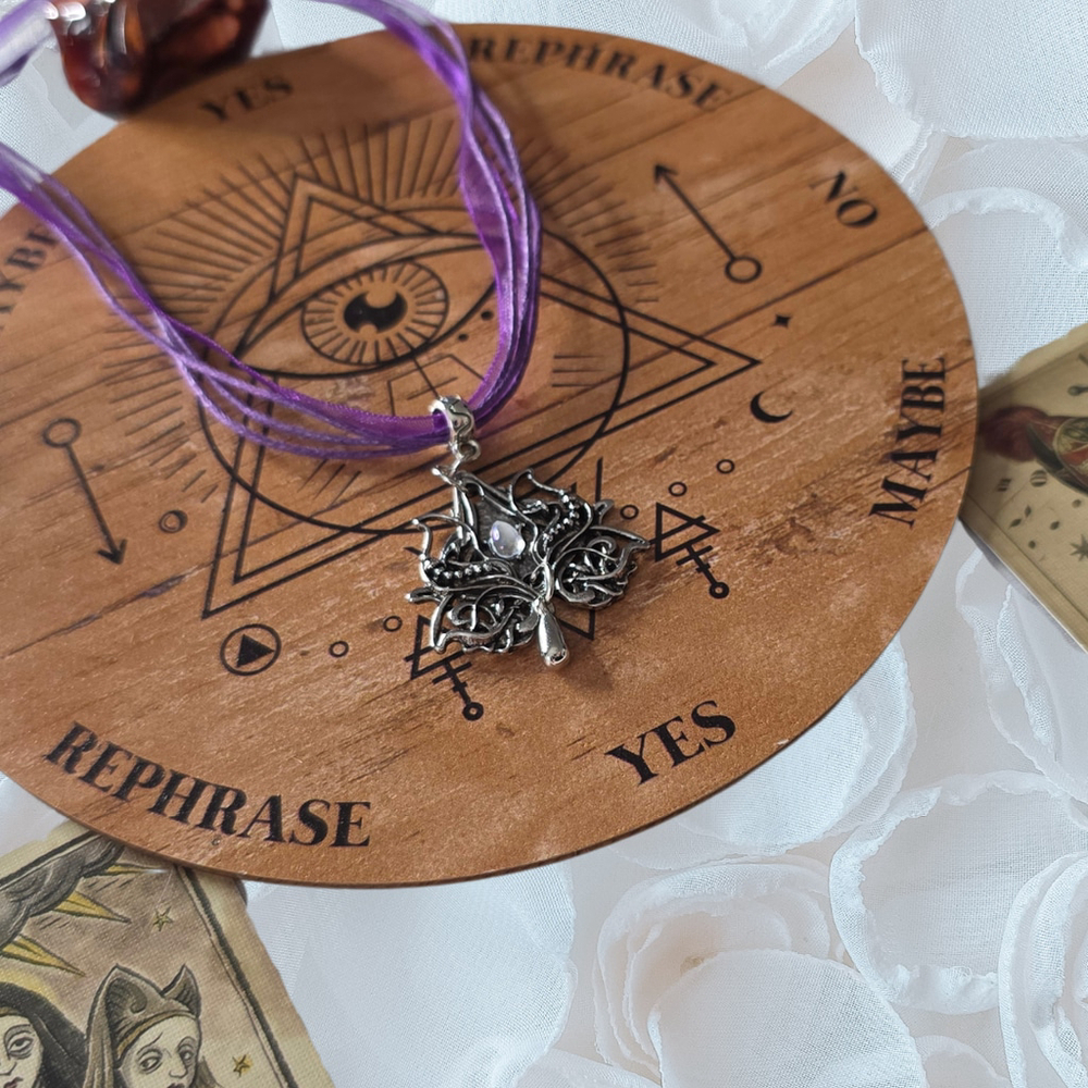 Moonstone Celt-Goth Filigree Pendant - Purple Ribbon Choker - Mythic Goddess
